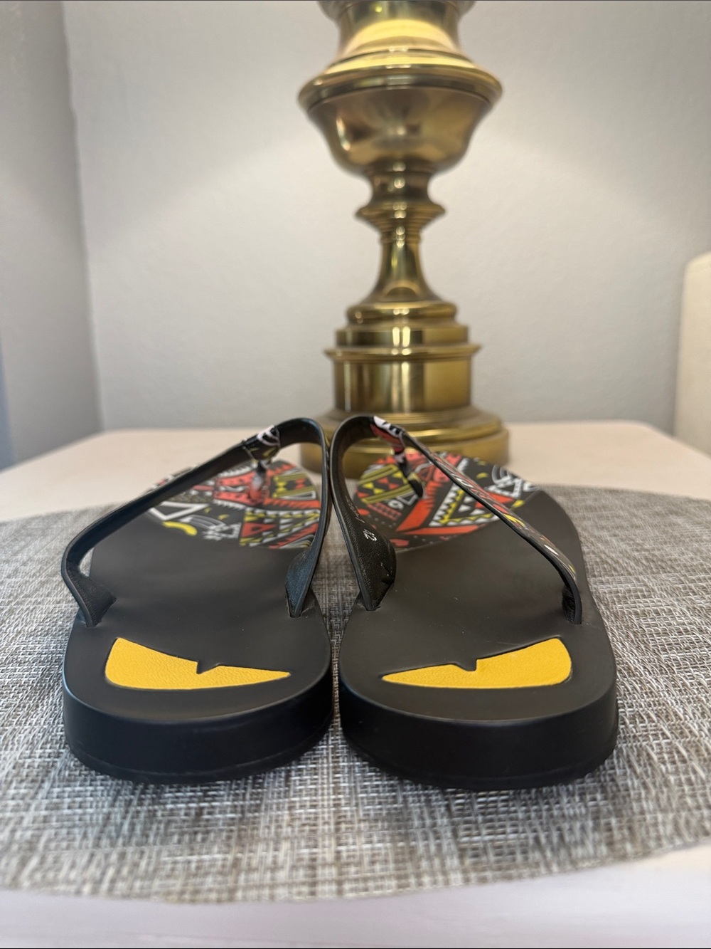 Fendi Black Tribal-Print Thong Sandals with Red, Yellow & White Accents - Picture 4 of 6